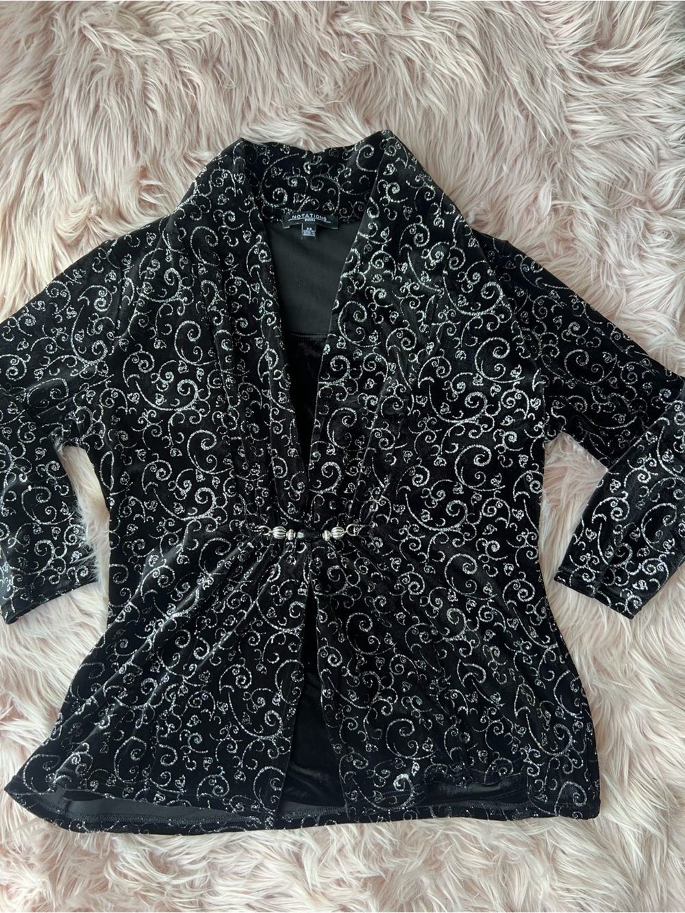 Notations Black Velvet Open-Front Top with Silver Scroll Accents and Beading